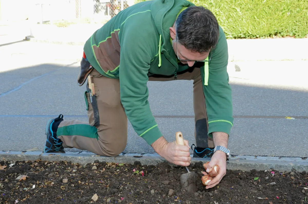 Man sieht einen Gärtner im Garten arbeiten.